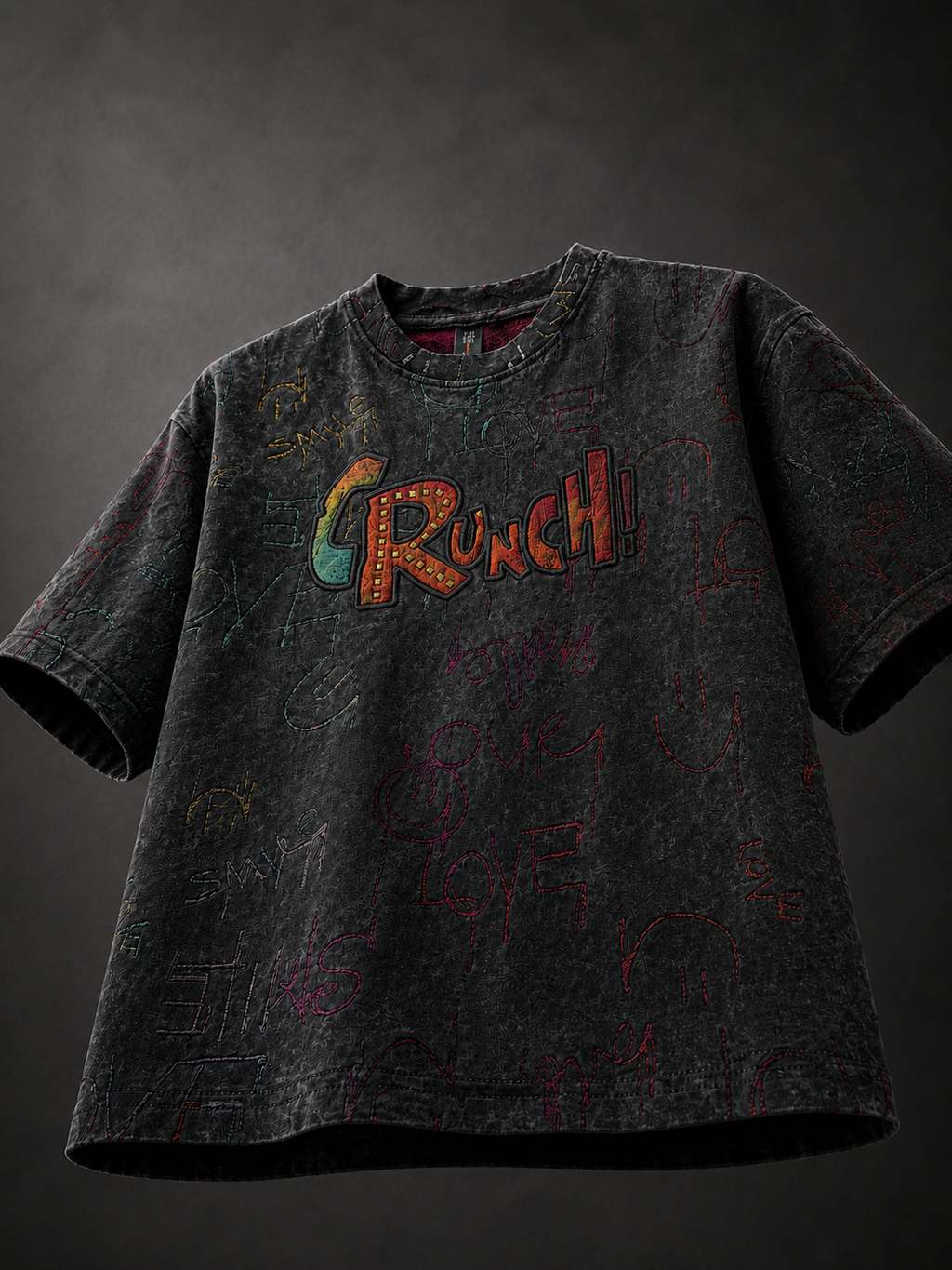 Crunch Premium Embroidered & Ripped Boys Relaxed Fit T-Shirt – Washed Black